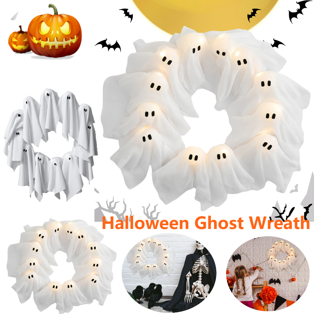Lighted Halloween Ghost Wreath - detail view 2